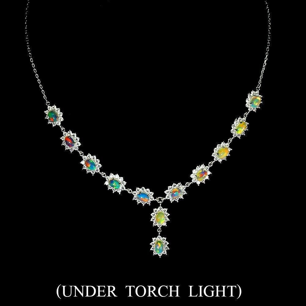 Silver Necklace White Opal Genuine Mined Gems Solid Sterling 15 1/2 to 17 1/4 In