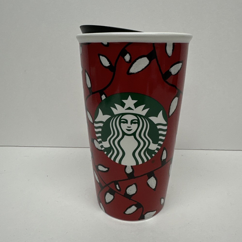 2016 Starbucks 12oz Ceramic Christmas Travel Mug with Lid and String Lights