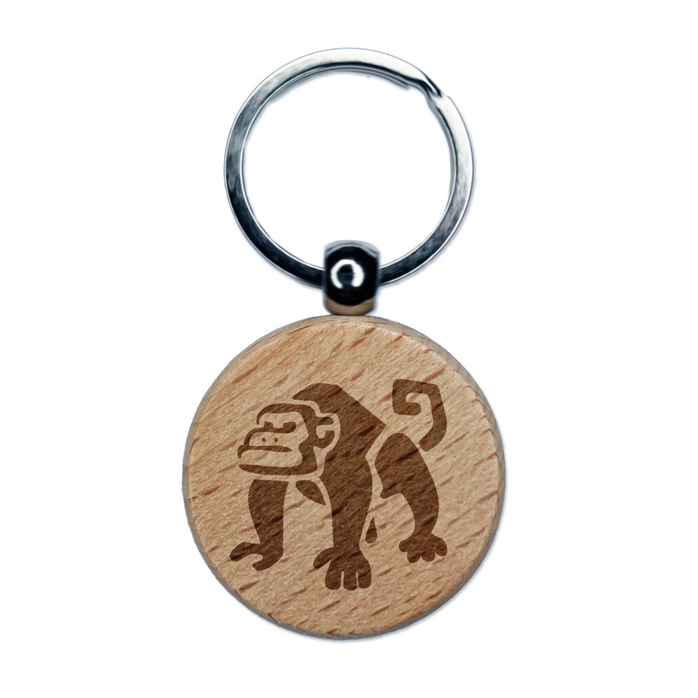 Grumpy Monkey Keychain with Curly Tail Engraved on Wood Round Charm  