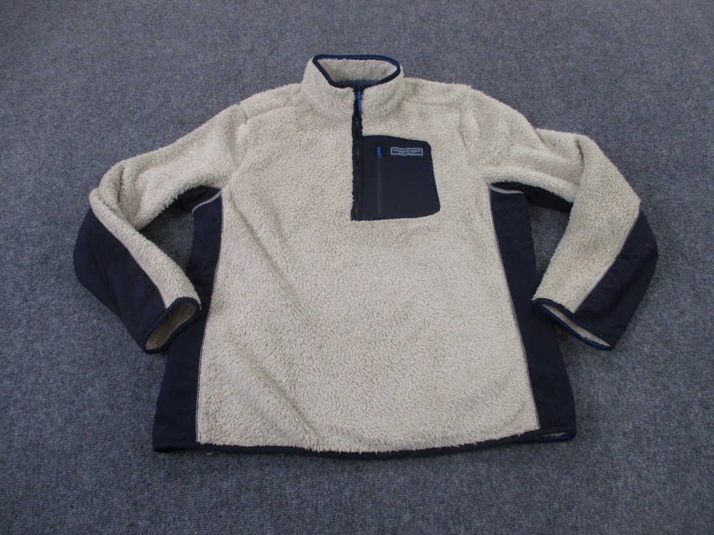 Vineyard Vines Jacket Mens L Beige Fuzzy Fleece Pullover Outdoors Hiking Camping