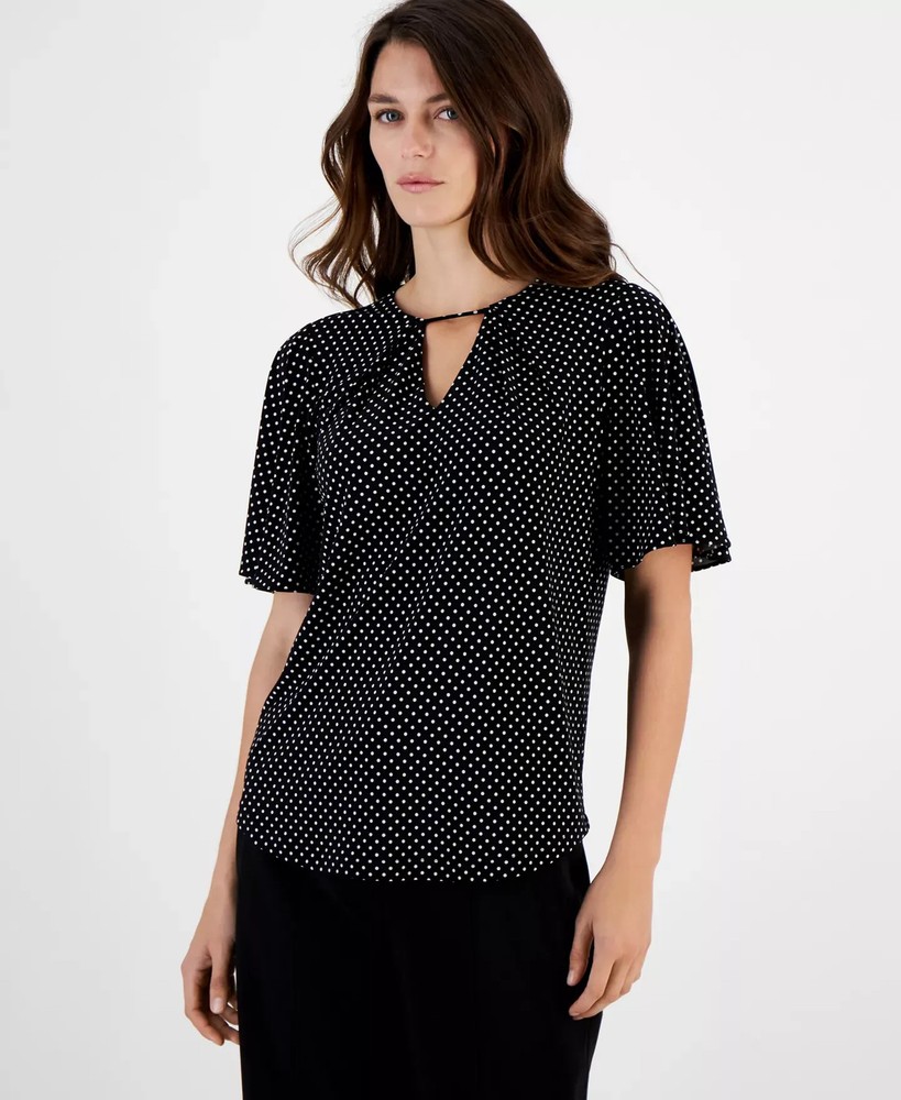 Anne Klein Women's Top Sz L Printed Short-Bell-Sleeve Blouse