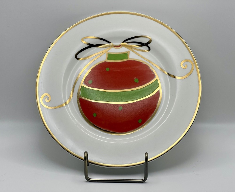 Pier 1 Porcelain Christmas Dessert Plates Reindeer Star  Tree  Ornament Set Of 4