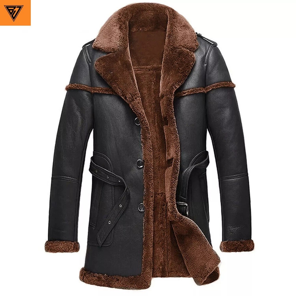 Men's Sheepskin Shearling Long Coat Retro Leisure Bomber Real Leather Overcoat