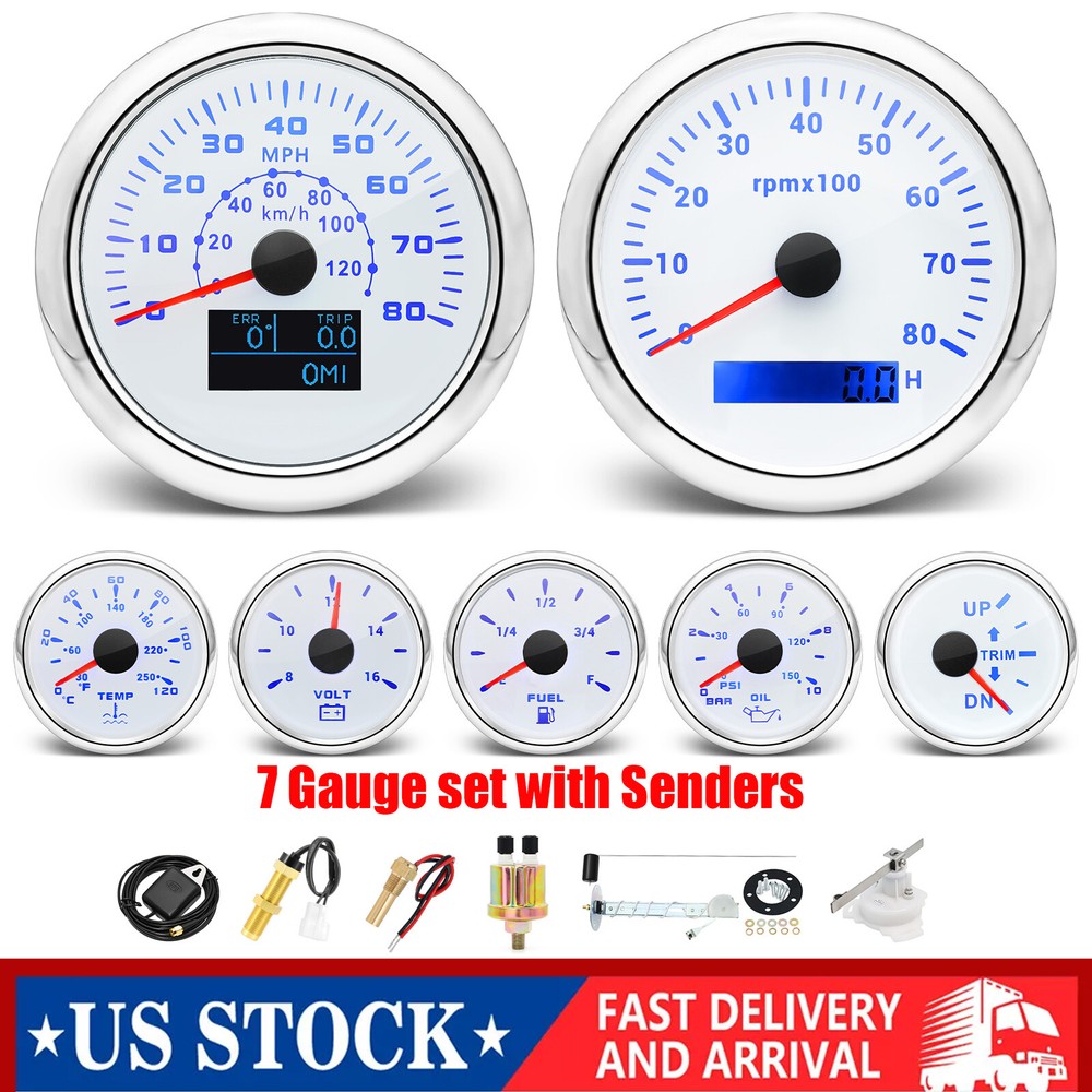 85mm GPS Speedometer & Tacho with 52mm Fuel Temp Oil Volt Trim Gauges and Senders