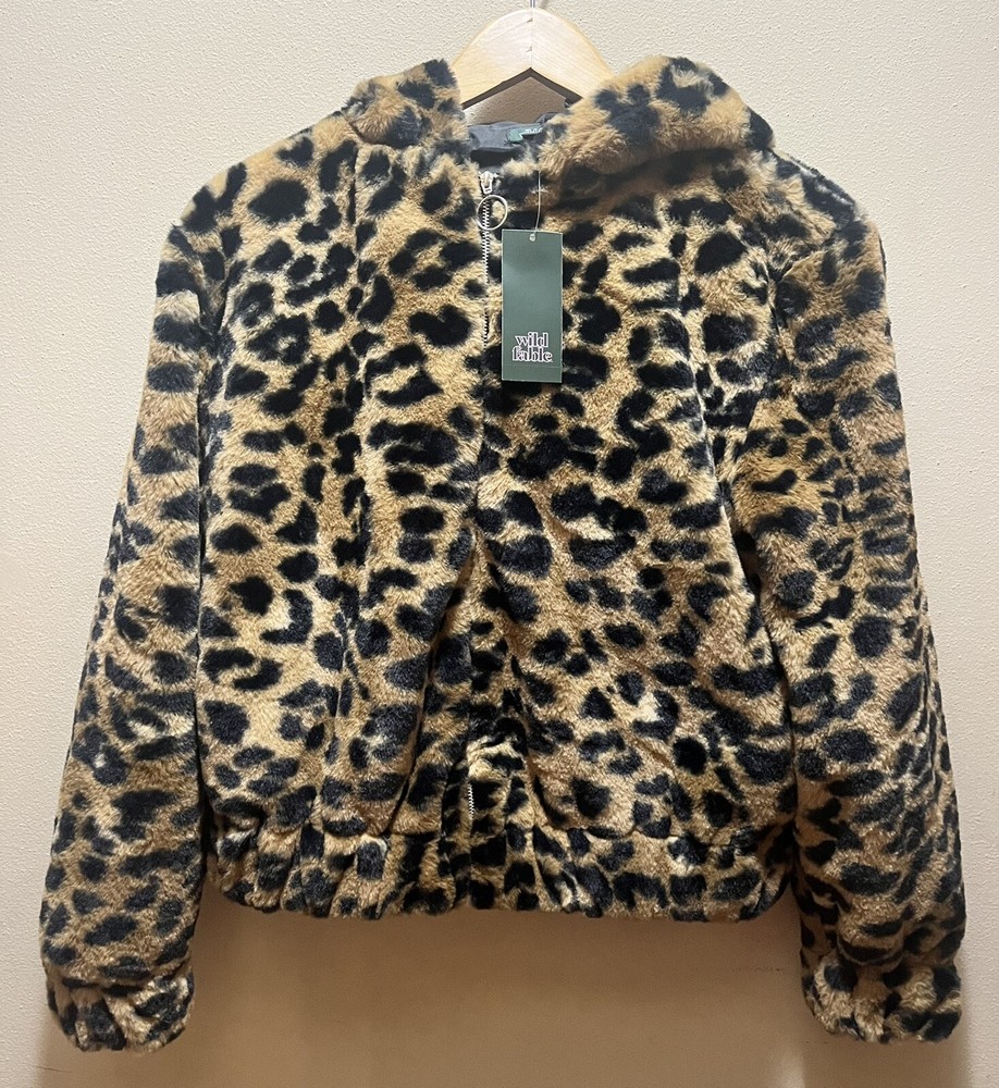 NWT Wild Fable Women’s Leopard Print Fuzzy Faux Fur Zip Up Jacket Animal Ears XS