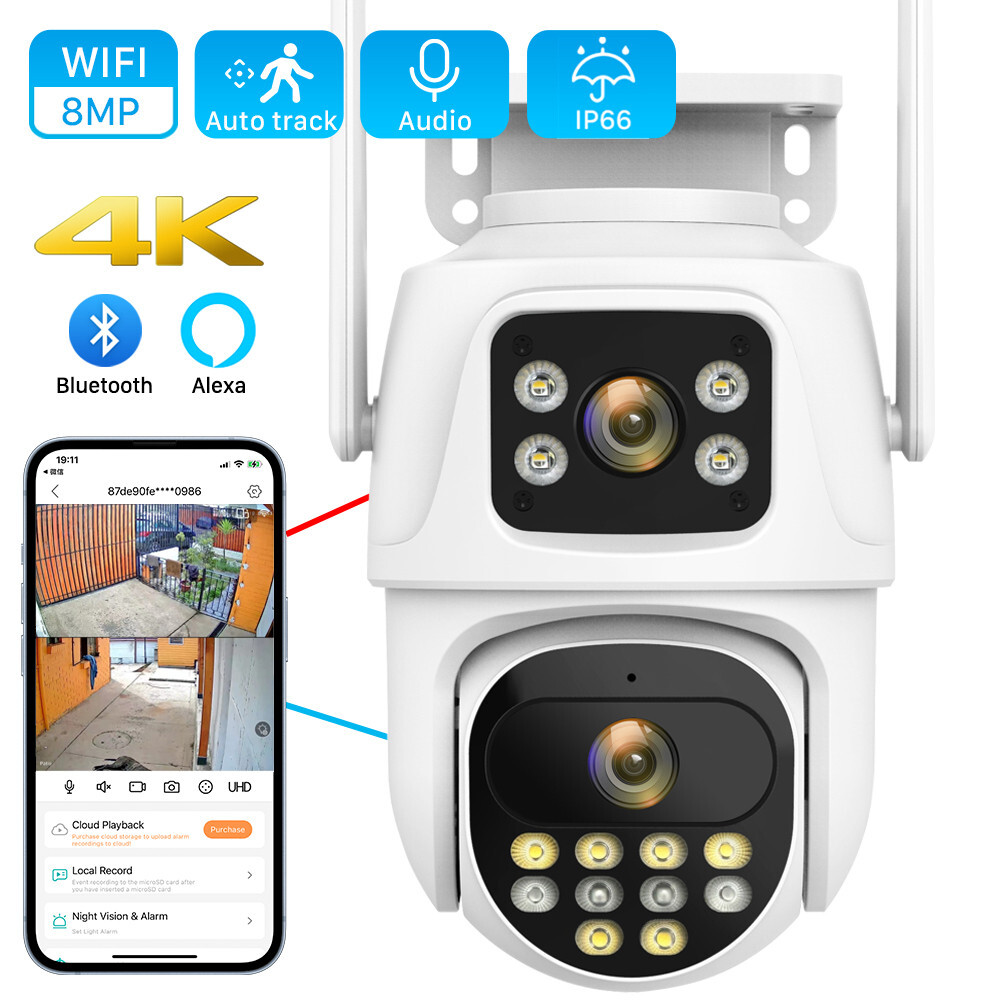 Dual Lens 4K 8MP WiFi IP Camera Wireless Outdoor CCTV PTZ Home Security IR Cam