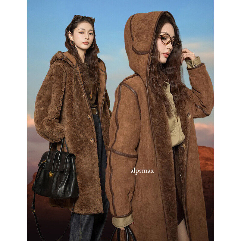 Womens Hood 100% Wool Long Coat Real Lamb Wool Shearling Fur Reversible Overcoat
