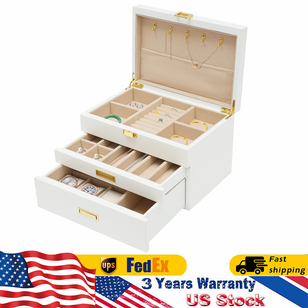 28CM Large Wooden Jewelry Storage Box White 3 Layers Organizer 2 Drawers Cabinet