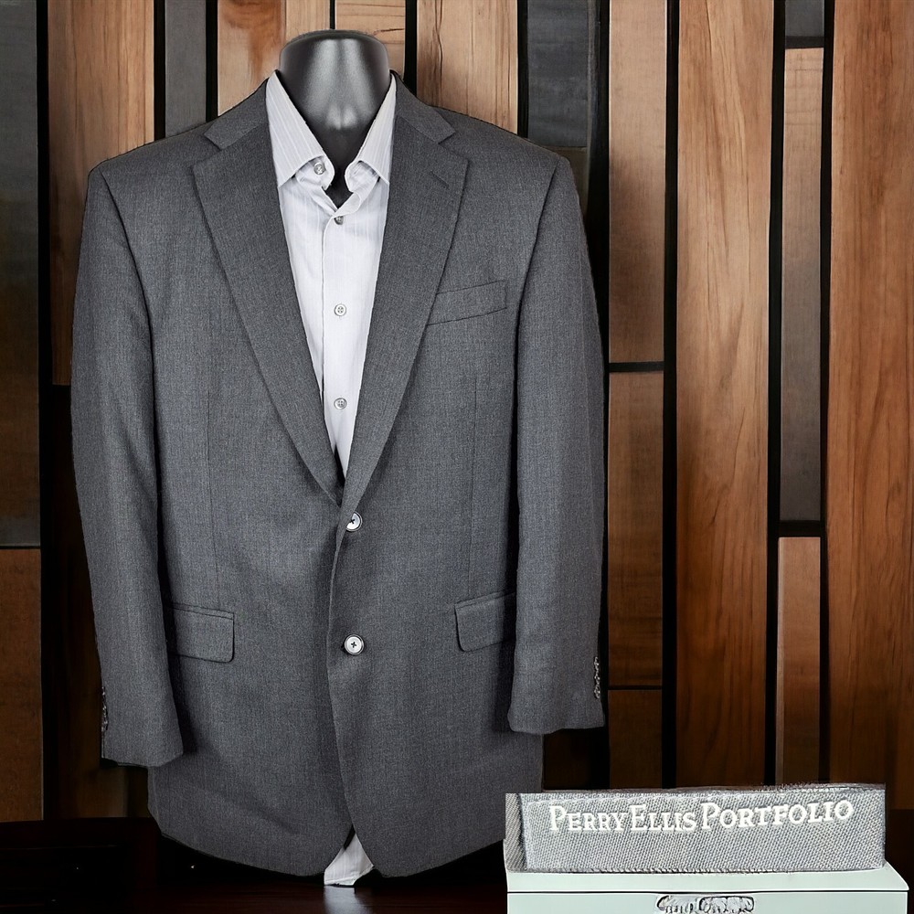 Perry Ellis Sport Coat Blazer Mens 40R Solid Gray Wool