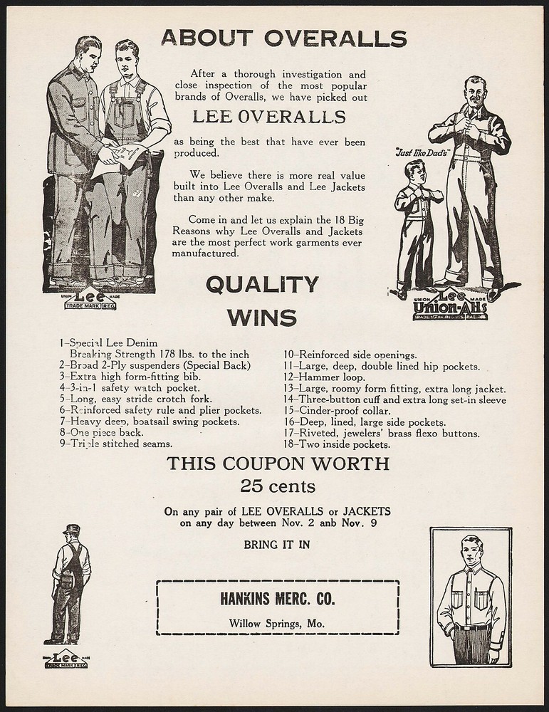 Vintage 1920s LEE OVERALLS Coupon from Hankins Merc Co Missouri-image