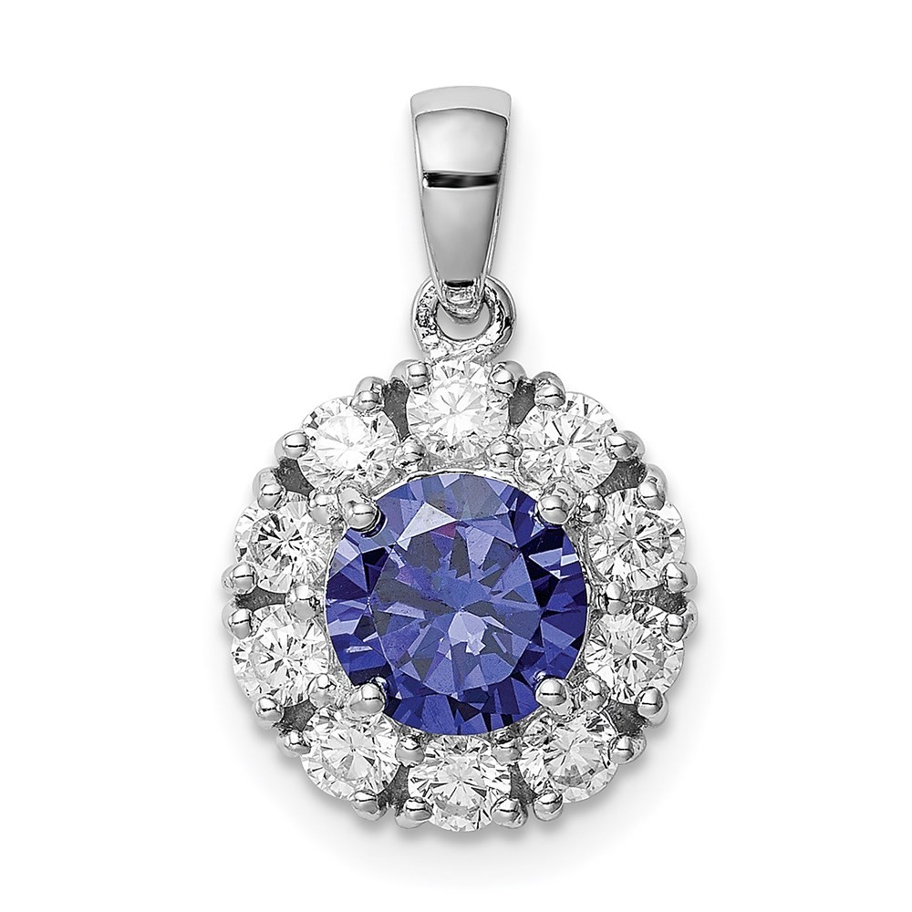 Sterling Silver Rhodium-plated Blue and White Cubic Zirconia Halo Pendant