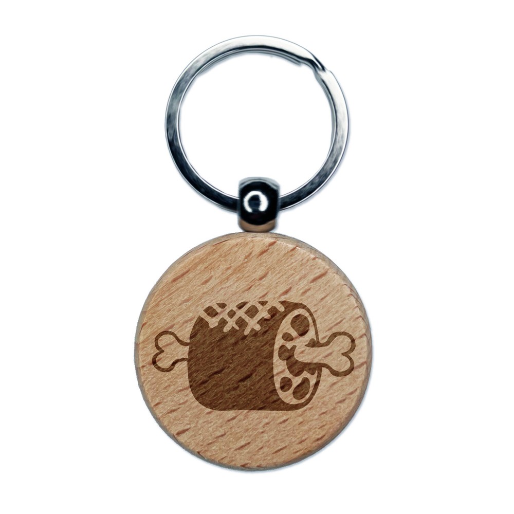 Grilled Barbecue Meat Haunch on Bone Engraved Wood Round Keychain Tag Charm