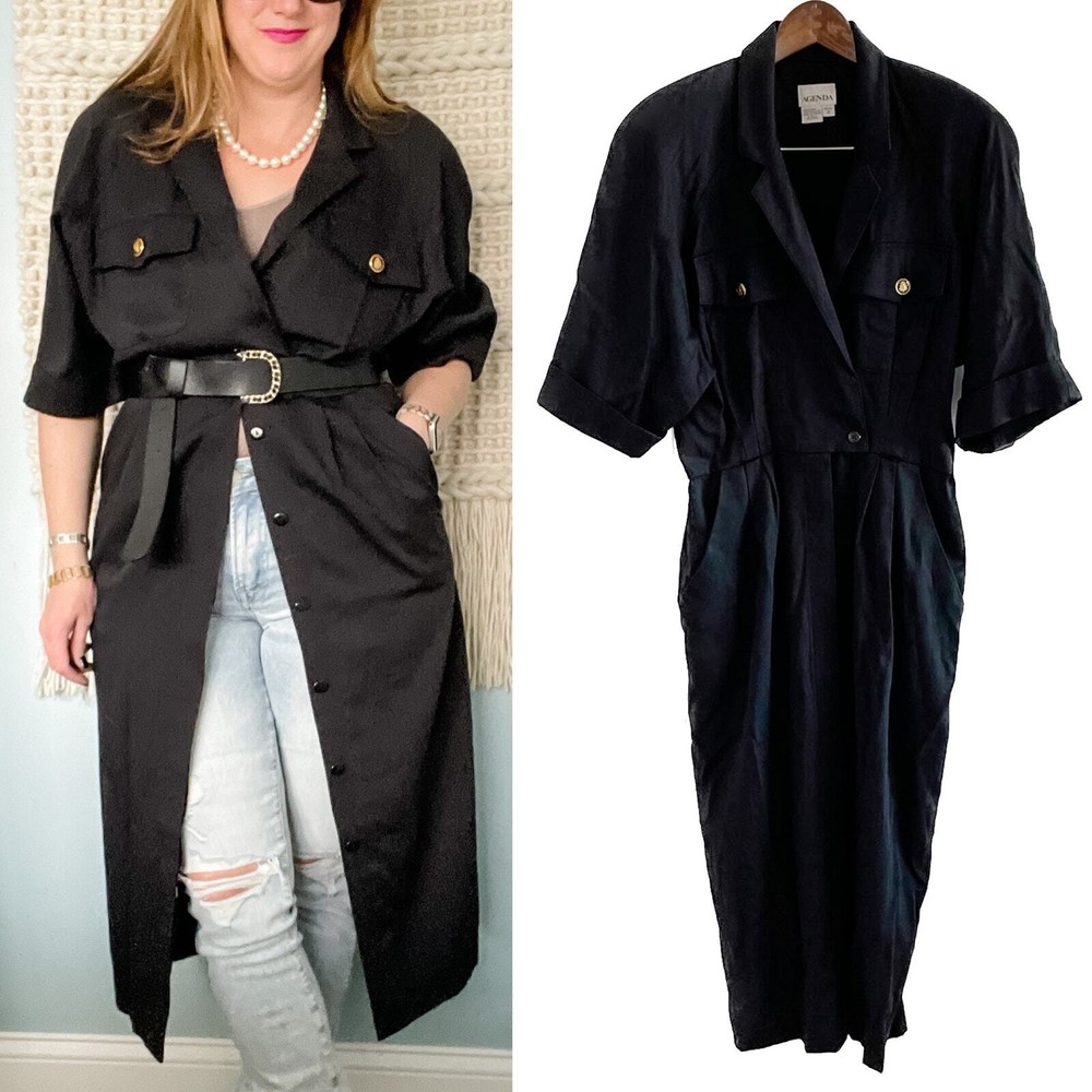 Vintage military safari dress tunic with button front and pleated waist in size 10/M