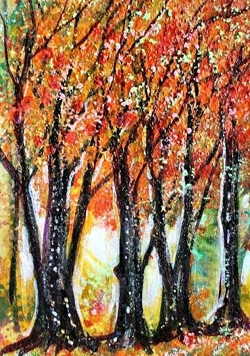 ACEO Original Painting TREE Autumn Landscape Sun FALL Leaves Nature ATC ART