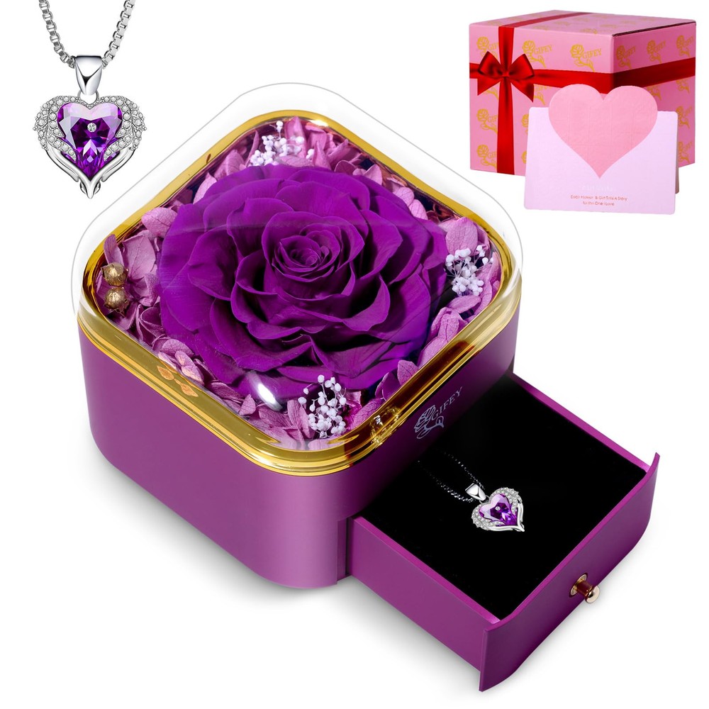 Valentine's Day Preserved Purple Rose Gift for Her with Purple Necklace