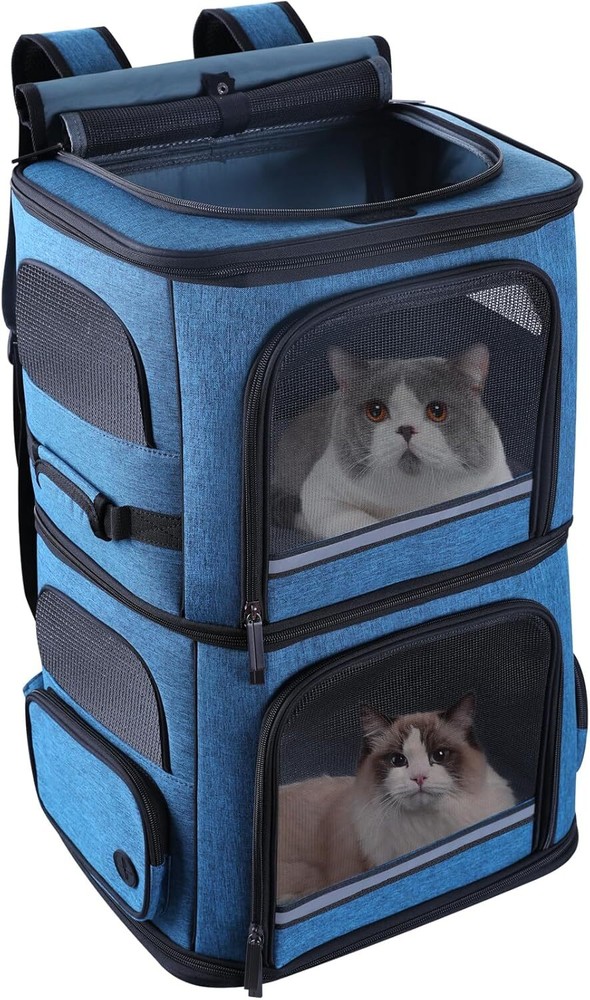 Double Compartment Pet Carrier Backpack for Cats & Medium Dogs - Blue-image