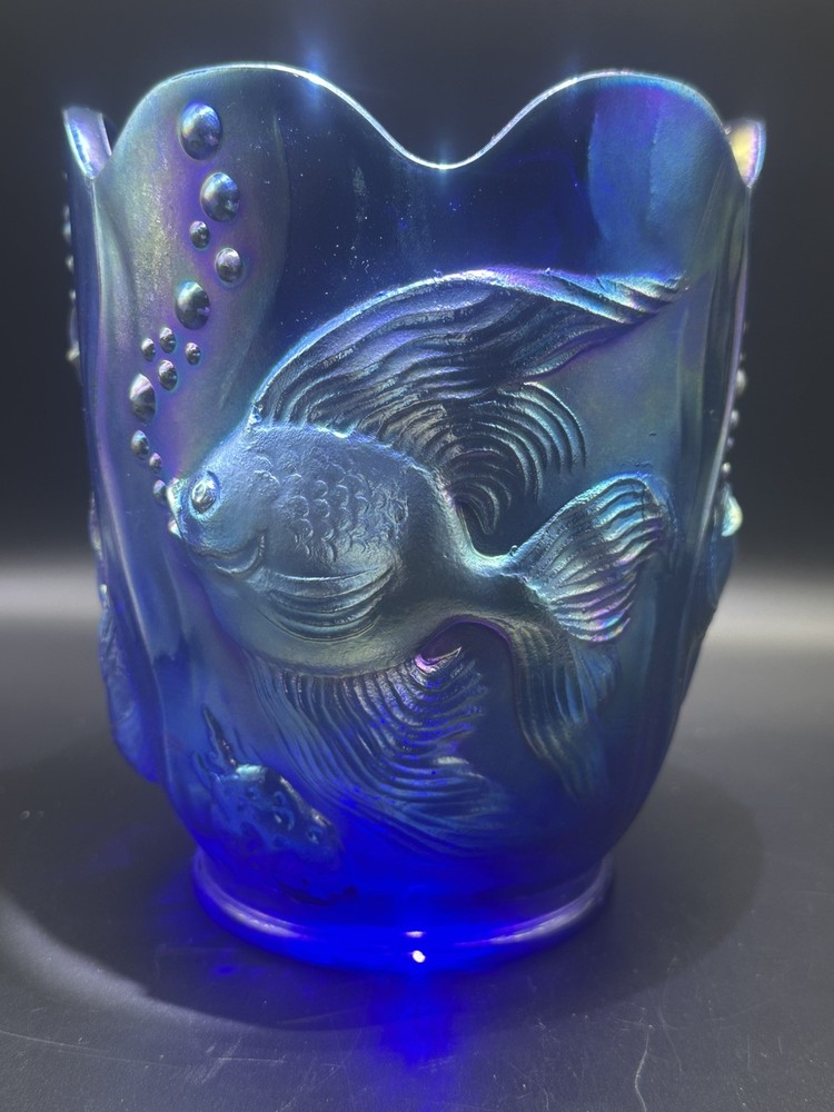 Fenton PERIWINKLE IRIDESCENT ATLANTIS KOI FISH VASE SIGNED by GEORGE FENTON 1997
