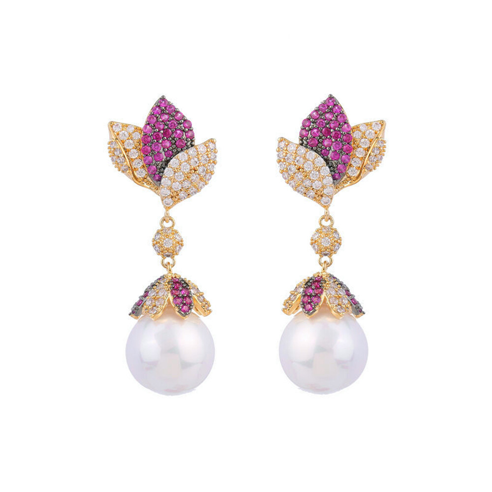 Gold Plated Pearl Dangle CZ Zircon Leaf Long Drop Earrings Women Wedding Jewelry