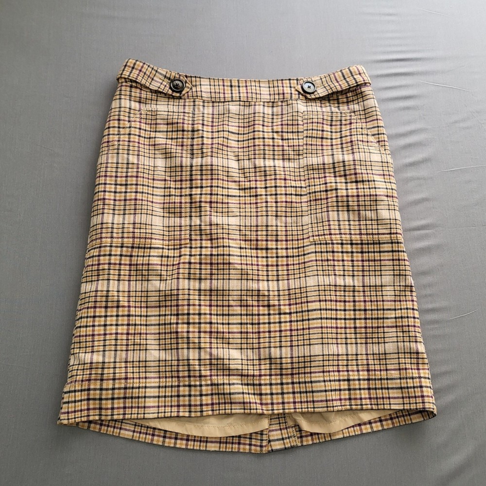 Merona Skirt Womens Size 12 Wool A Line Knee LENGTH Zip Lined Button Plaid Beige
