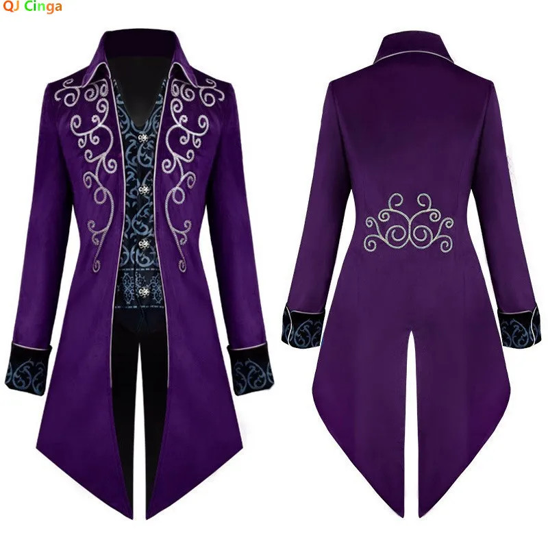 2026 Spring New Men's Purple Embroidered Tuxedo, Vintage-Style Blue Trench Coat,