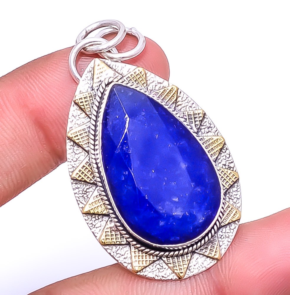 Blue Sapphire Simulated Dyed Quartz 925 Silver Bali Pendant 1.95 Inch P91735137