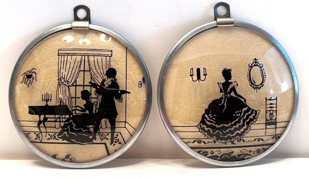 PAIR 1930’s Reverse Painted Silhouette on ROUND Convex Glass Victorian Couple