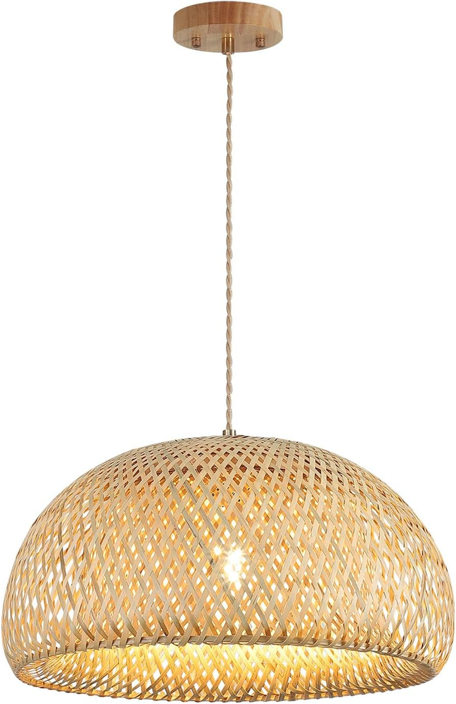 Bamboo Large Pendant Light Fixture 17.8 Inch One-Light Adjustable Rustic Basket