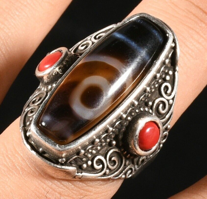 3CM Old Chinese Miao Silver inlay Agate Dzi Beads Gems Amulet Ring Finger ring