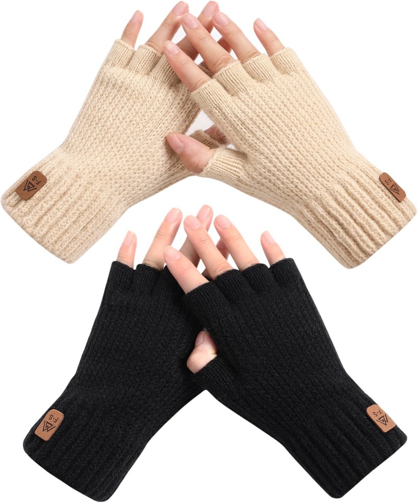 2 Pairs Fingerless Gloves for Women Men - Womens Winter Glove, Warm Knit Glov...