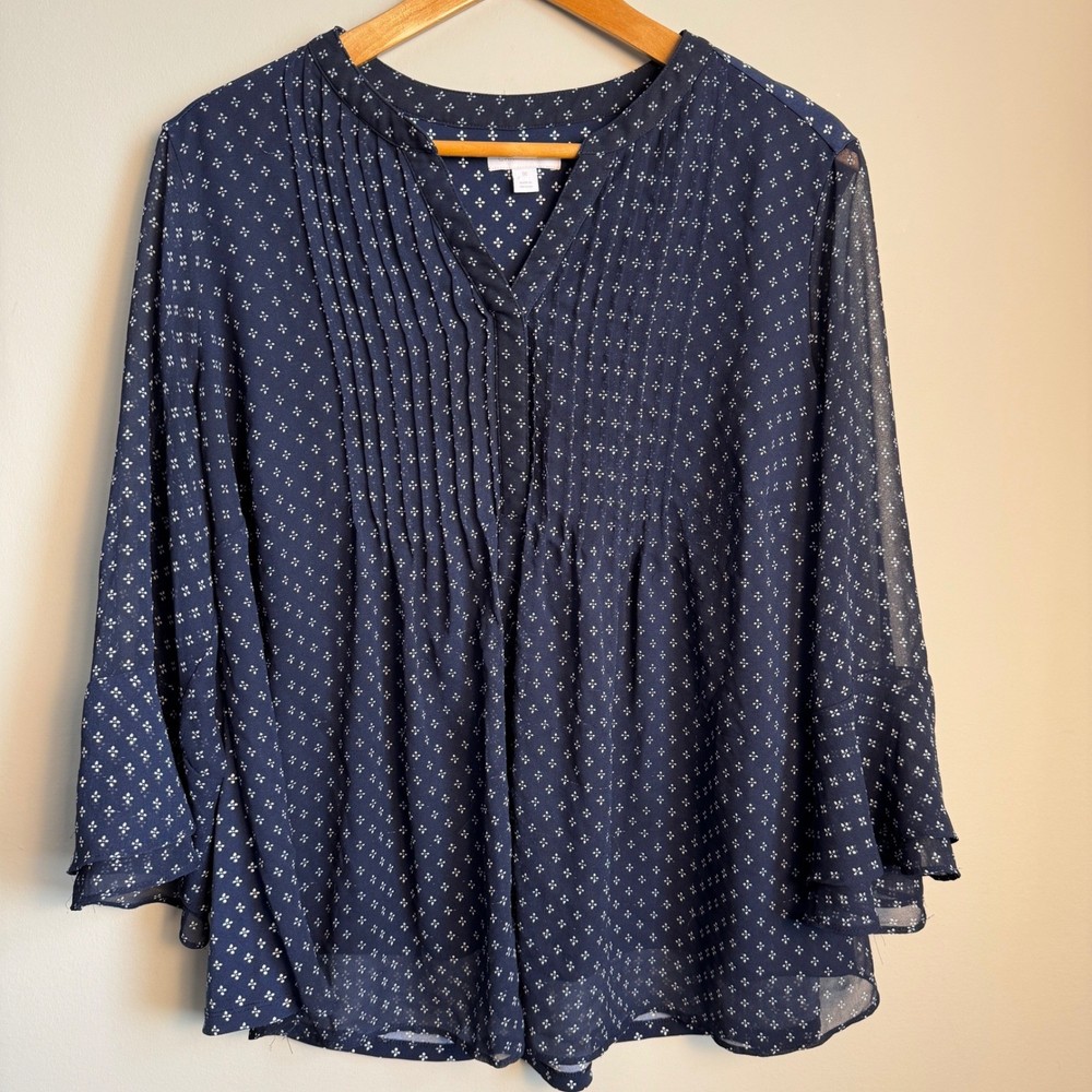 Charter Club Womens 1X Navy White Geometric Pleated V Neck Long Sleeve Blouse