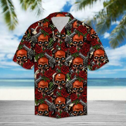Red Skull Roses With Gun 3D Hawaiian Shirt For Men Full Size S 5XL Short Sleeve