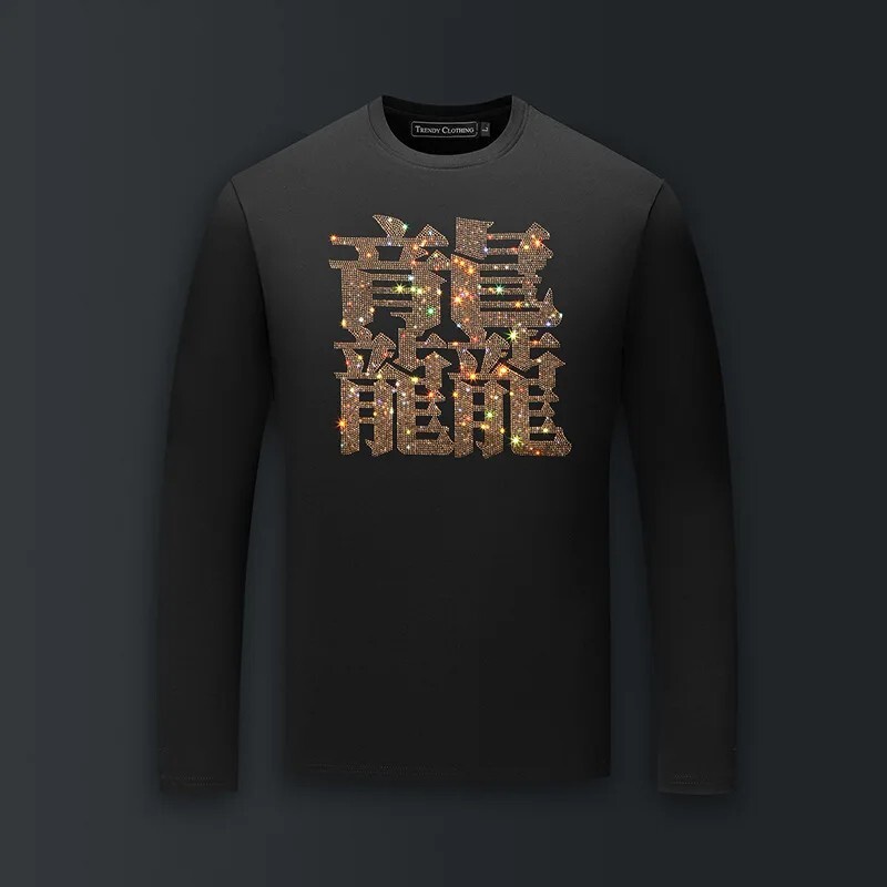 Fashion Chinese Trend Rhinestone Long Sleeve Luxury  Men T-Shirt Plus Size 6XL