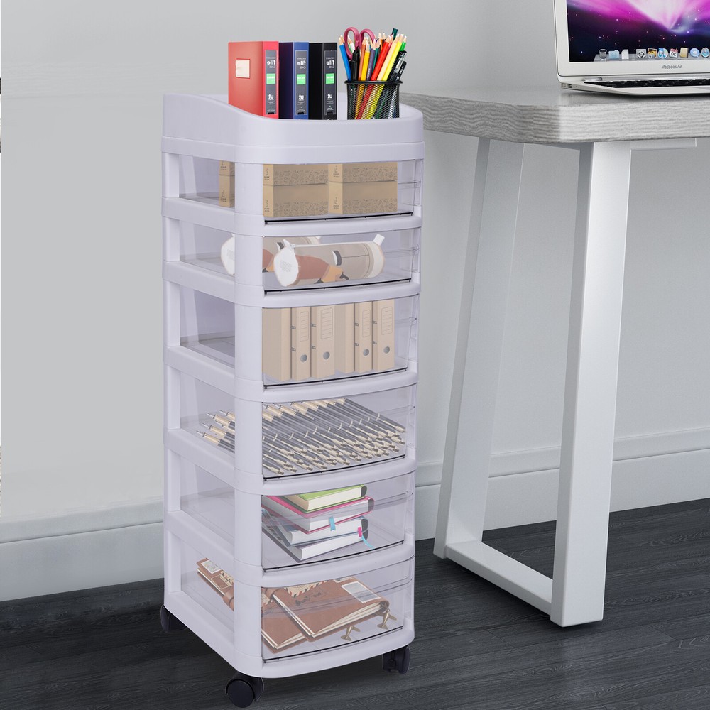 6-Drawer Plastic Rolling Storage Cart with Wheels White Trolley Cabinet