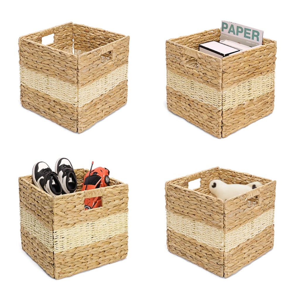 Langcraft Set 4 Wicker Storage Basket, Natural Wicker Cube Storage Bin, Hyaci...