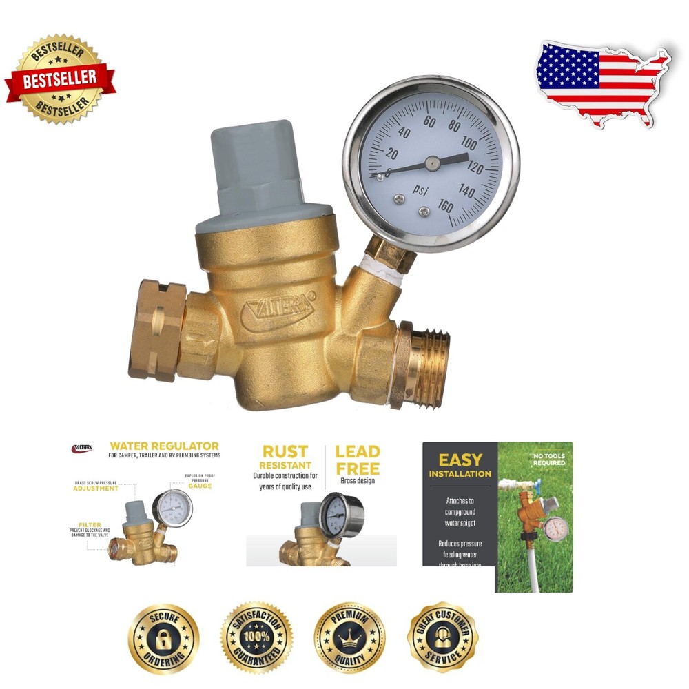 Durable Adjustable Brass Water Regulator for RVs with Integrated Pressure Gauge