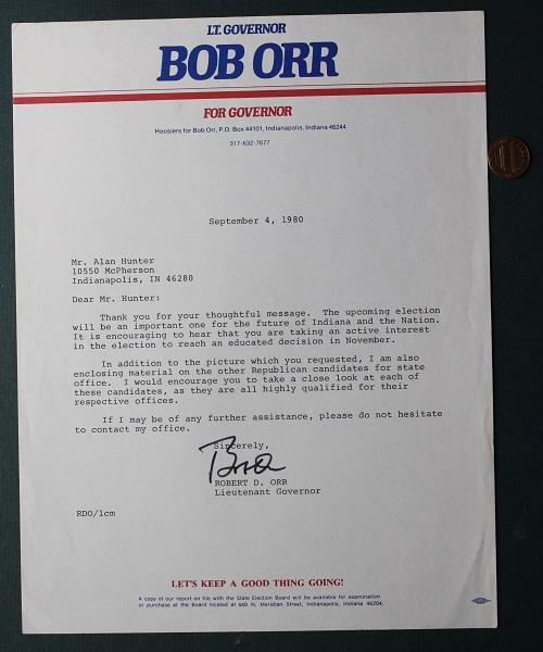 1981-89 Indiana Governor Robert D. Orr signed autographed 1980 election letter--