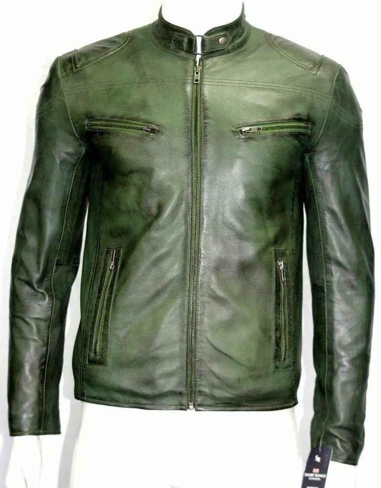 Men's Real Leather Motorcycle Biker Jacket Green Genuine Lambskin Classic Jacket