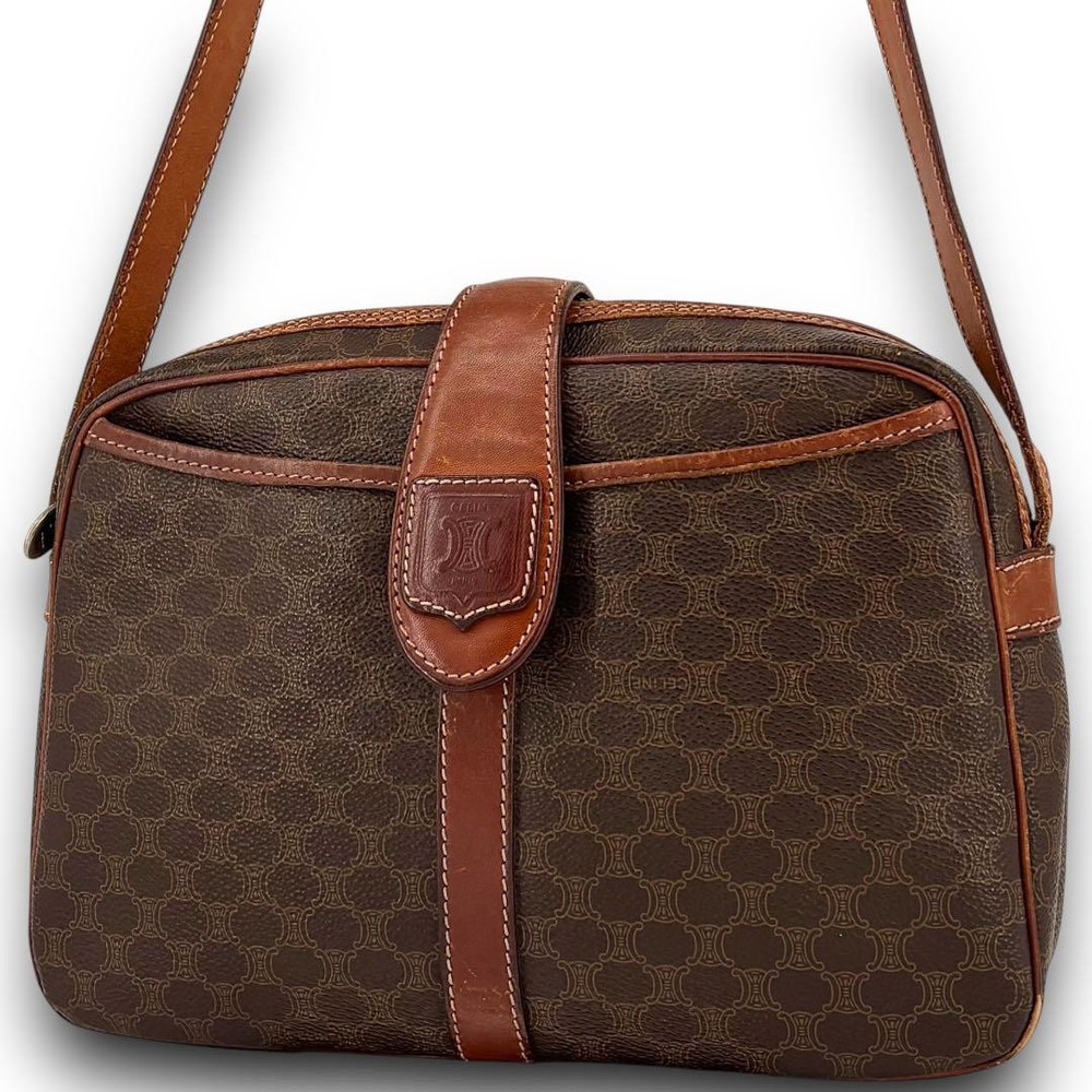 CELINE Triomphe Leather Macadam Shoulder Bag in Rich Brown Authentic Luxury