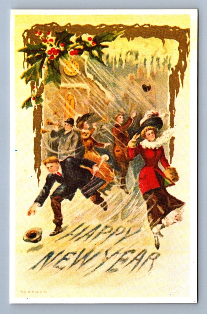 Postcard Vtg Reproduction New Year's Holiday Celebration People Windy Clock