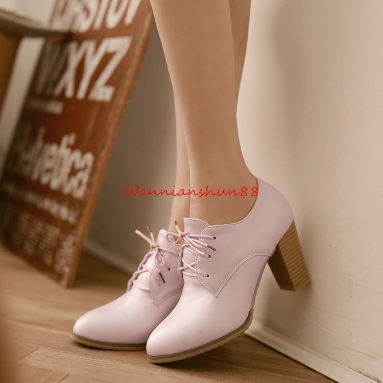 Lady Womens Point toe Lace up Chunky Heel Formal Work Casual British Style Shoes