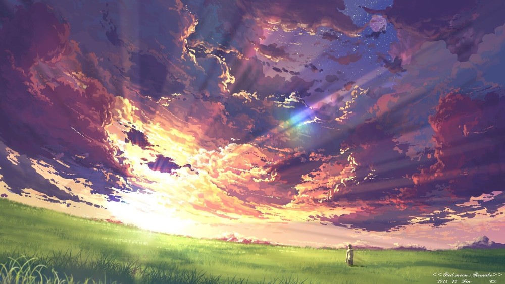 Playmat Desk Mat Anime clouds sky sunset sun rays field outdoors Play