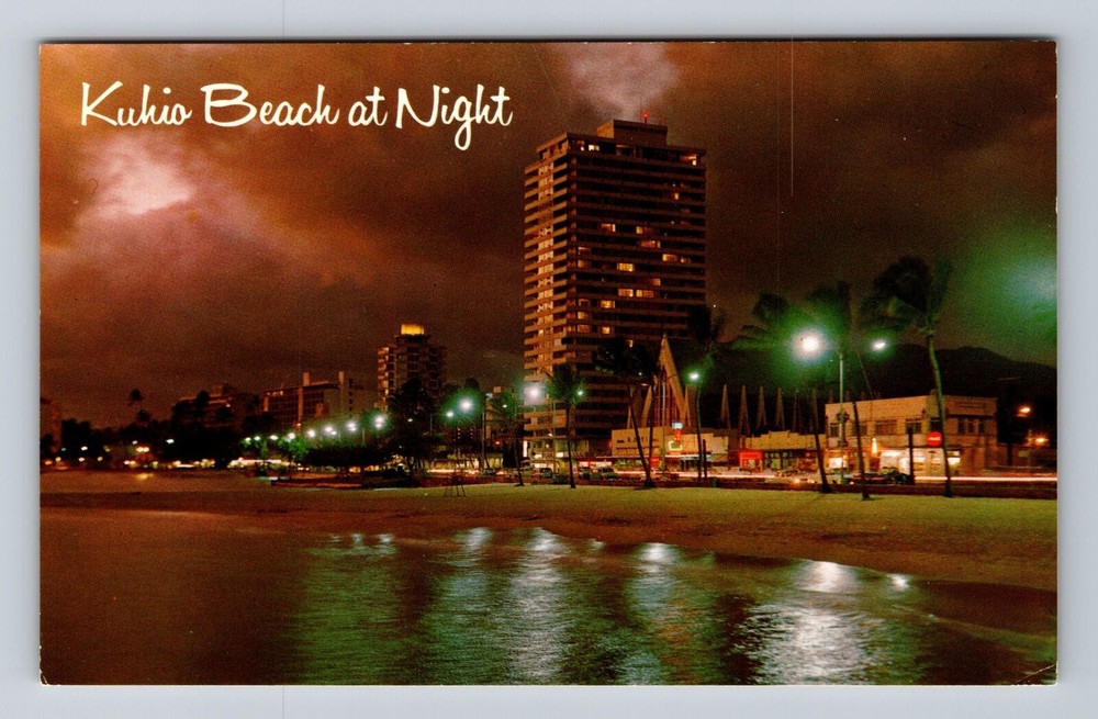 Waikiki HI-Hawaii, Kuhio Beach At Night, Antique, Vintage Postcard
