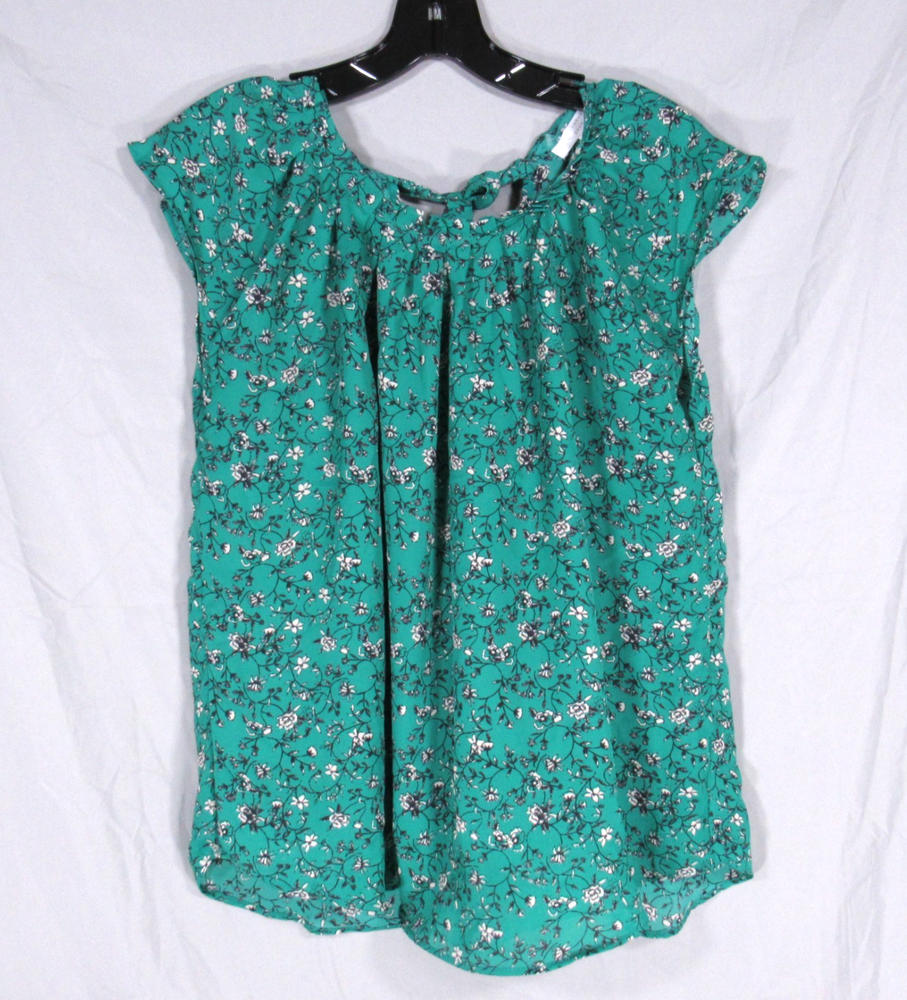LC LAUREN CONRAD Green GEORGETTE Floral PLEATED TIE NECKLINE Blouse/Top Sz L