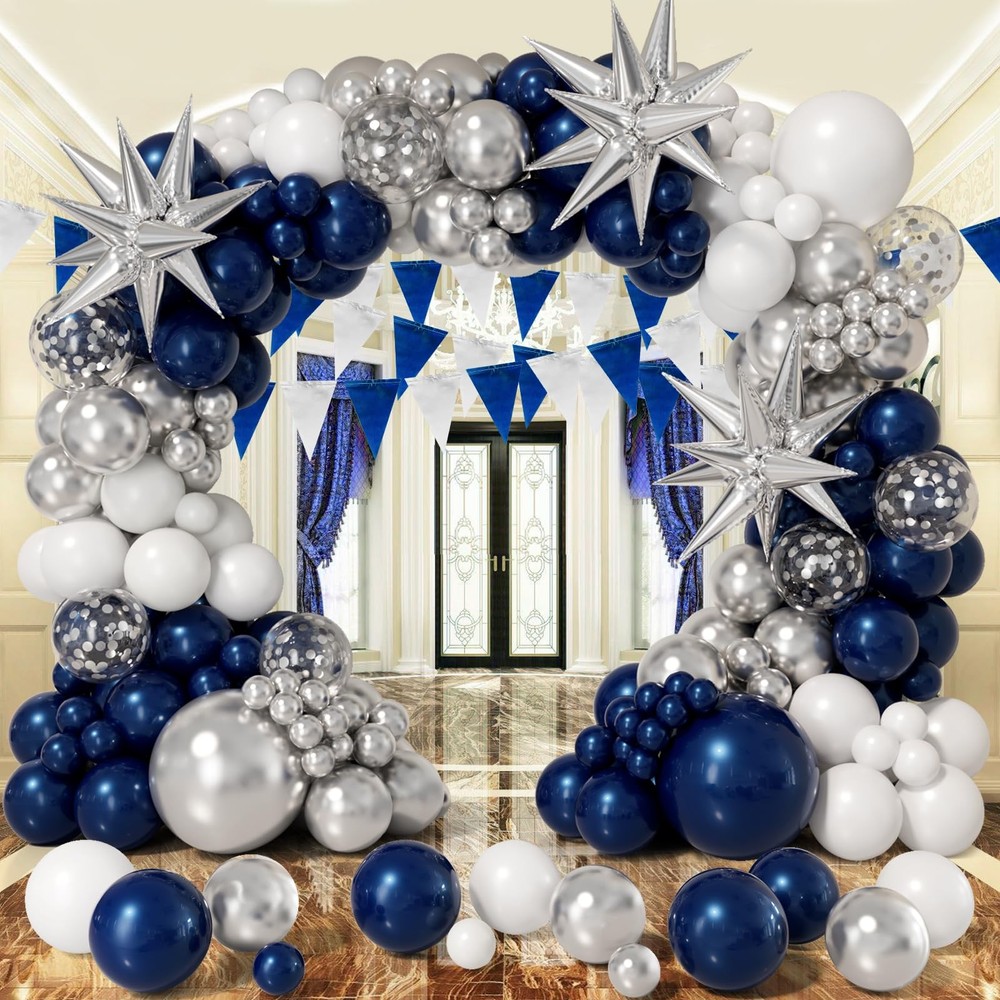 Navy Blue and Silver Balloon Garland Arch Kit 158pcs with Blue White Silver C...