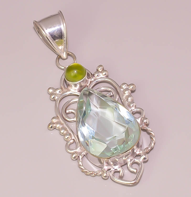 Aquamarine Faceted Quartz Peridot Cab 925 STERLING SILVER PLATED PENDANT