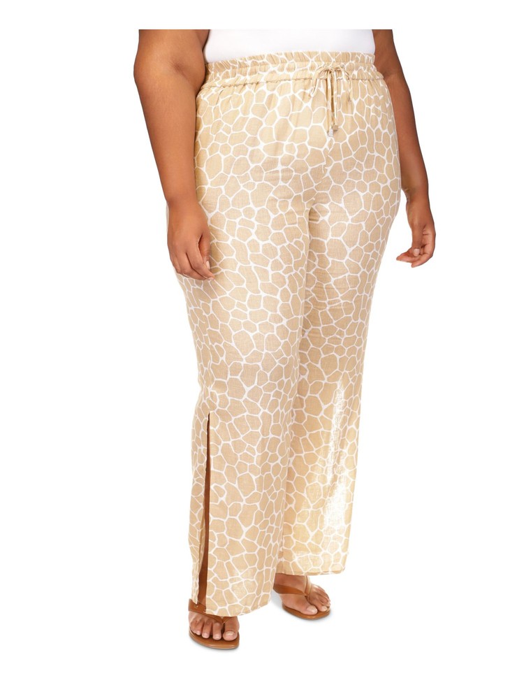 MICHAEL MICHAEL KORS Womens Beige Stretch Tie Slitted Wide Leg Pants Plus 3X