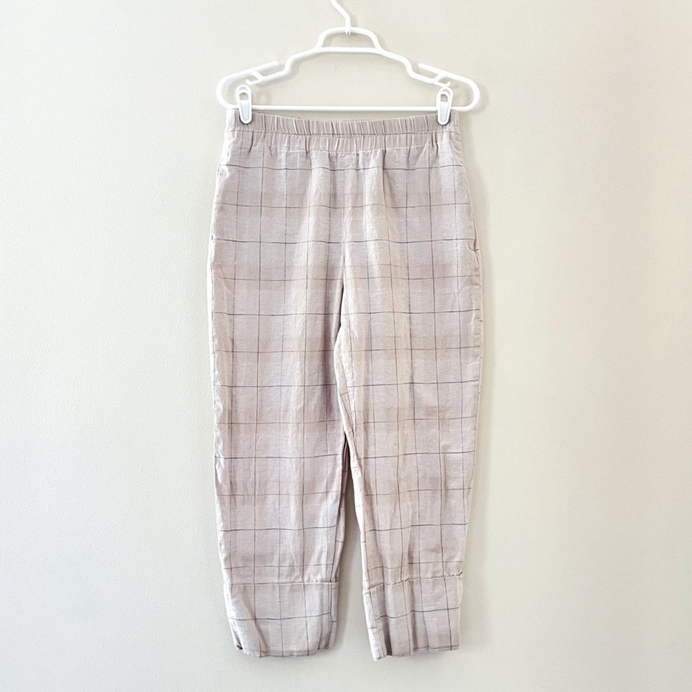 Zara Cream Linen Plaid Pants with Elastic Waist Folded Hem Medium