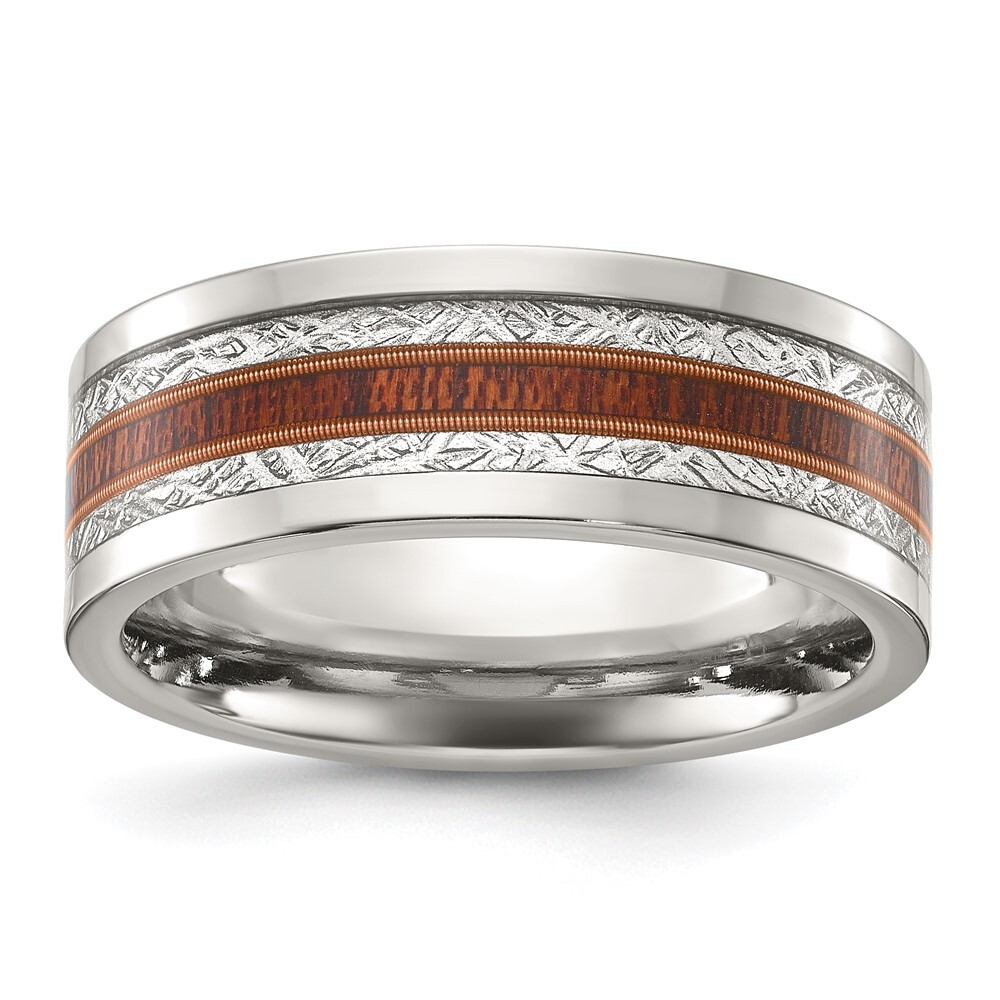 Titanium Polished with Wood and Imitation Meteorite Inlay 8mm Band Ring Size 9