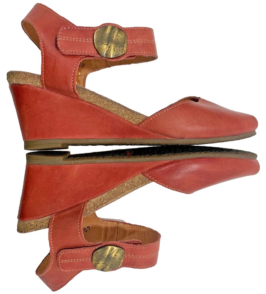 TAOS Penelopeep Wedge Leather Sandals SALMON Peep Toe Shoe Size US 8 EU 39