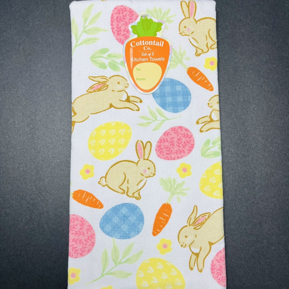 Cottontail 2-Pack Easter Kitchen Towels with Spring Eggs and Carrots Design